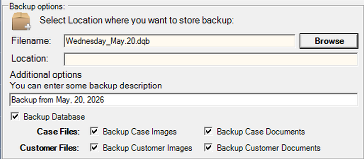 Dental lab advanced backup protocol screen showing automated AWS-powered backup status