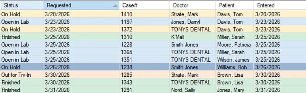Dental lab case list view showing active cases sorted by due date and production stage