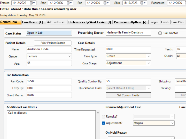 Dental lab case management software showing case entry screen with doctor, patient, tooth and shade fields