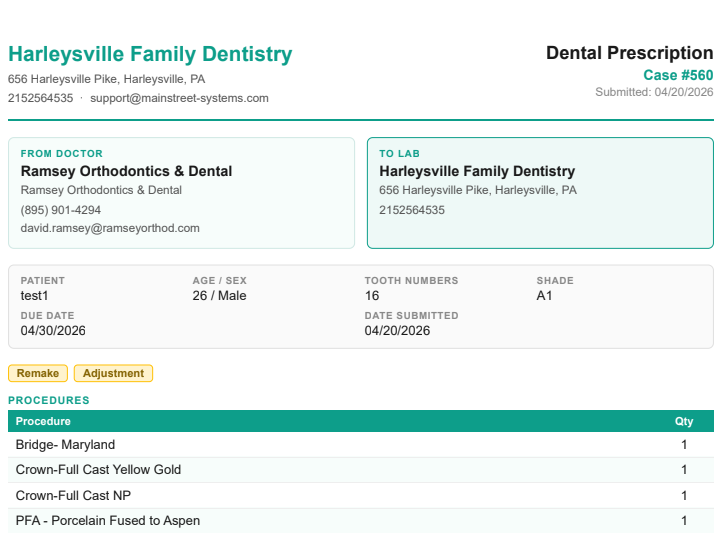 Dental lab document scanning screen showing prescription image attached directly to case record