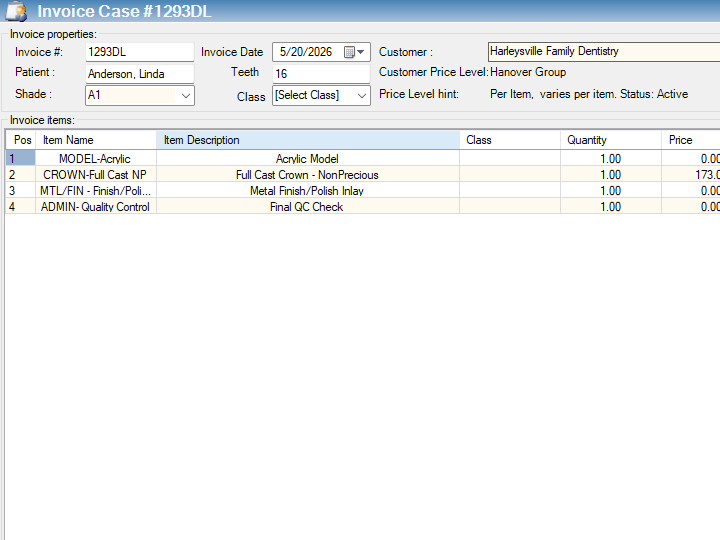 Dental lab invoicing screen showing automatic invoice generation with QuickBooks two-way sync