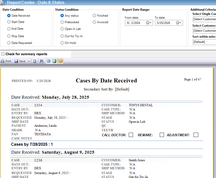 Dental lab reporting software showing production analytics, technician productivity and customer activity reports