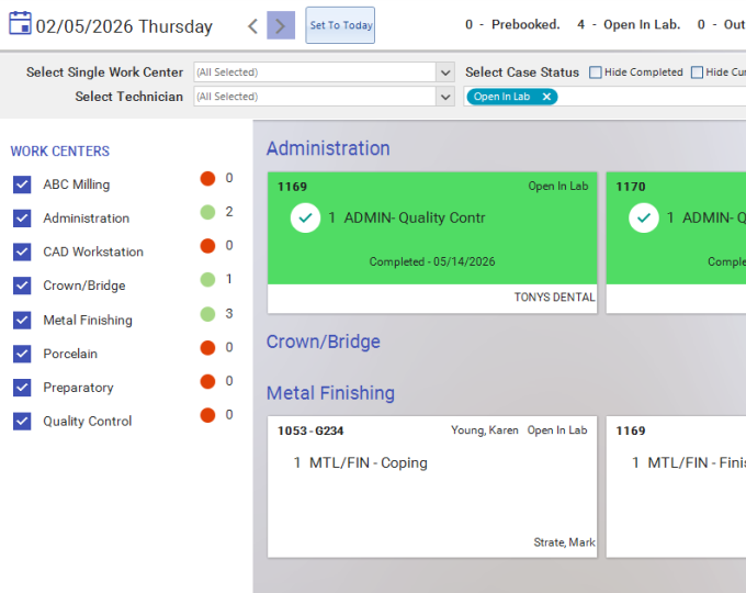 Dental lab scheduling software showing auto-built production schedule with technician work lists