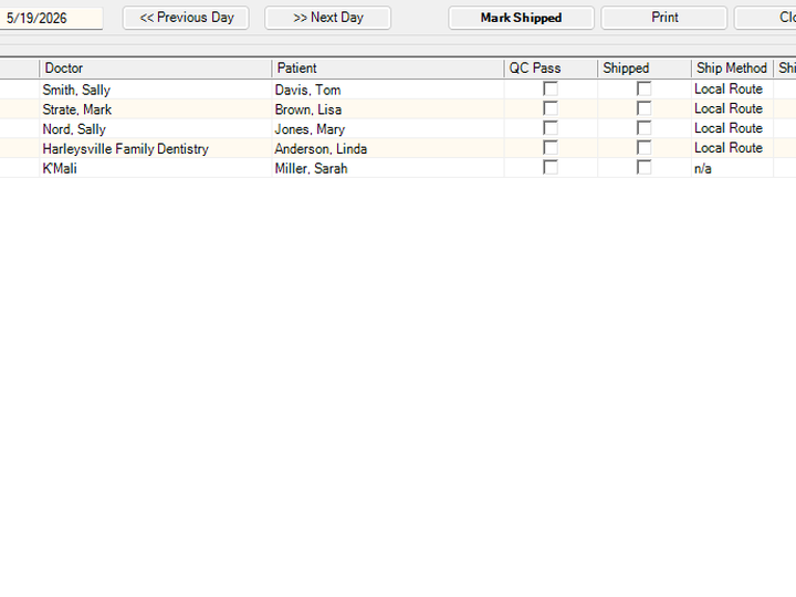 Dental lab shipping software showing UPS and FedEx label printing with tracking auto-attached to case