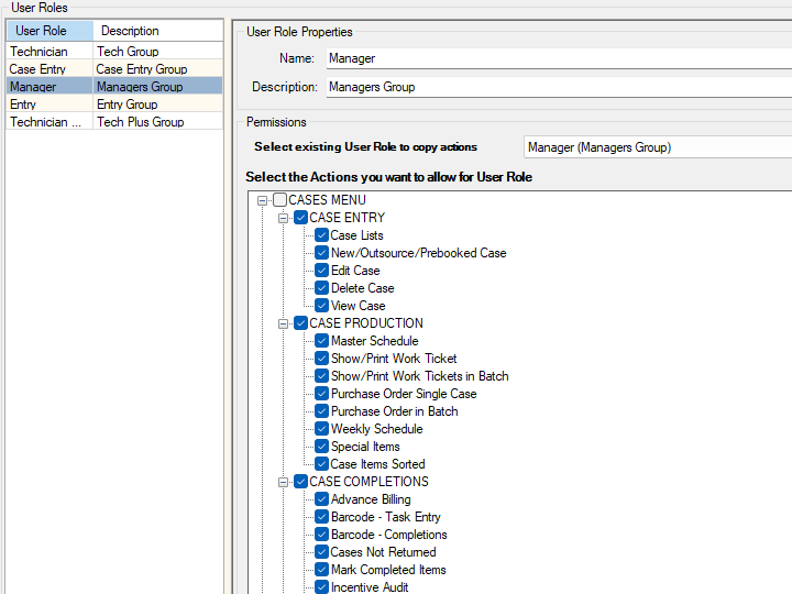 Dental lab software user access control screen showing role-based permissions per staff member