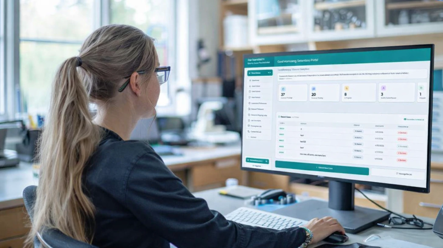 Dental lab technician using DentalRx online case submission portal software at a dental prosthetics laboratory workbench
