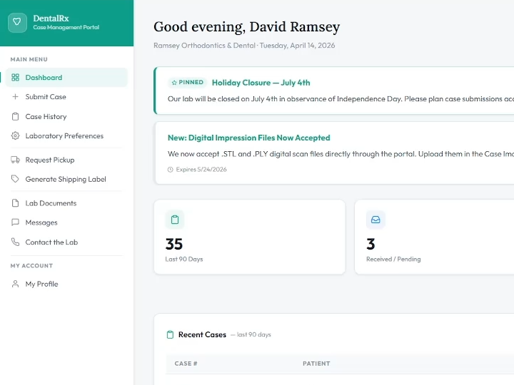 DentalRx online prescription portal showing doctor case submission screen for dental lab