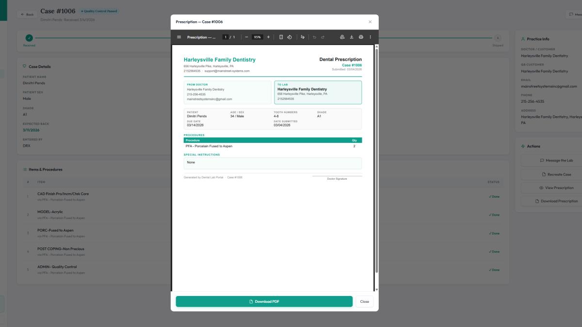 Doctor viewing the original prescription for a case in the DentalRx portal on a phone screen